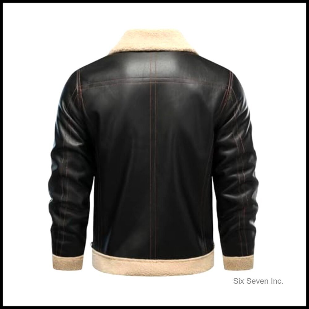 Men's Faux Leather Bomber Jacket with Faux Fleece Lining - Picture 3 of 3